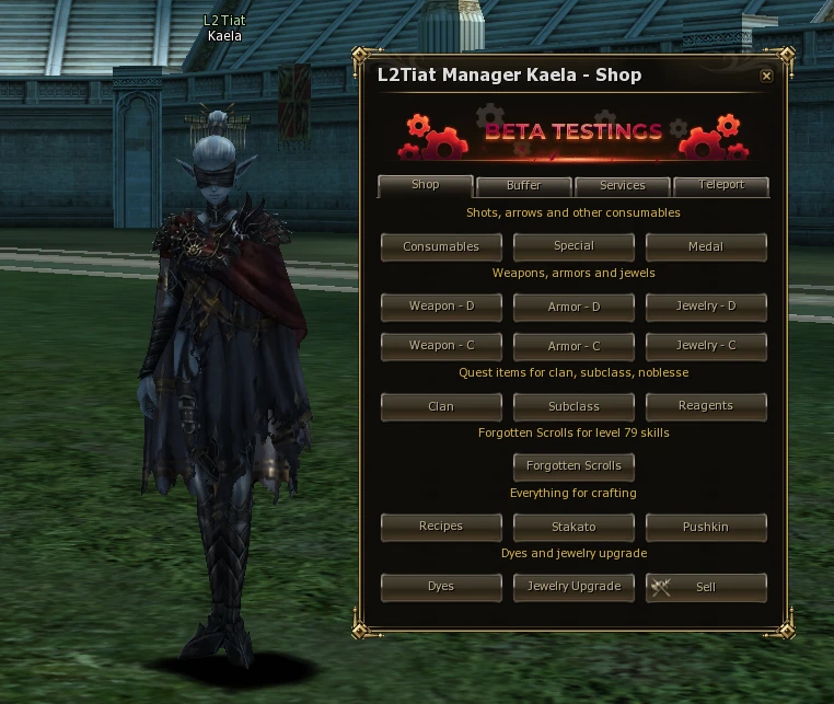 Kaela, the L2Tiat Manager, in game with her Shop window open: consumables, weapons, armor, jewelry, quest items, Forgotten Scrolls, crafting, dyes and jewelry upgrade.