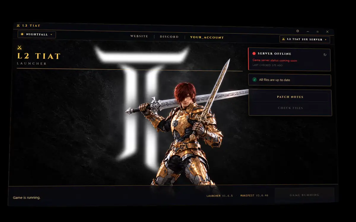 Animated preview of the L2 Tiat launcher with a gold-armored Duelist and all client files up to date.